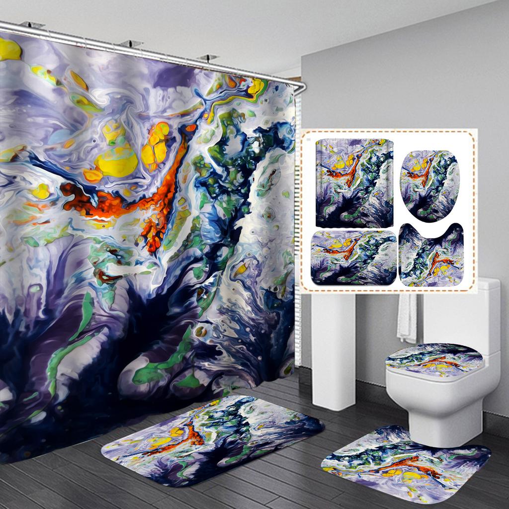 4Pcs Luxury Marble Shower Curtain Sets Bathroom Decor Sets with 12 Hooks Bath Mat Toilet Lid Rug and Non-Slip U Shape Mat