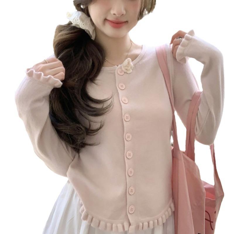 Gentle Wind Three-Dimensional Flower Fungus Edge Knitted Sweater Spring And Autumn New French Style Cardigan Top Women'S Clothing