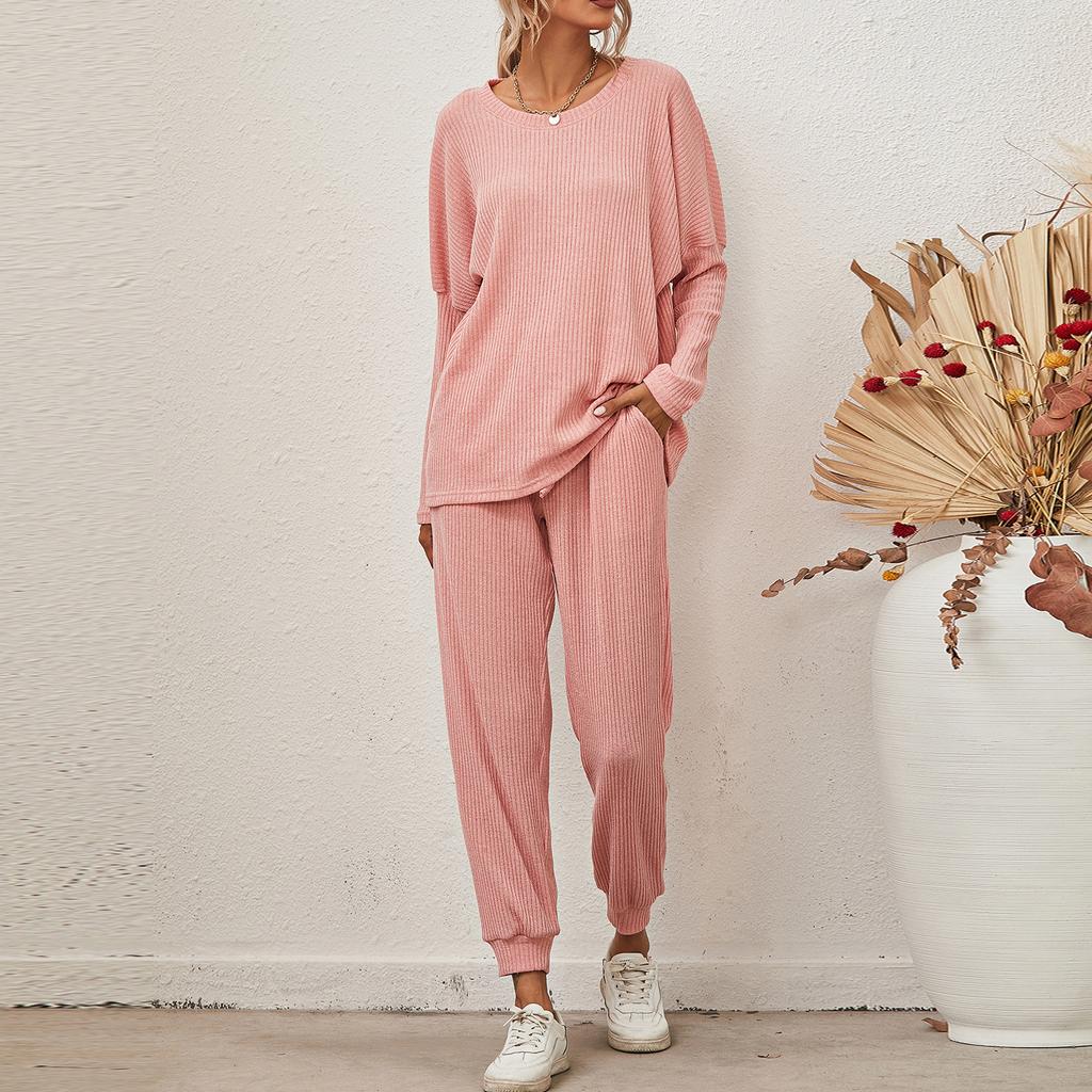 Women's 2 Piece Outfits Sets Ruched Long Sleeve Tops Wide Leg Pants Tracksuit Sets