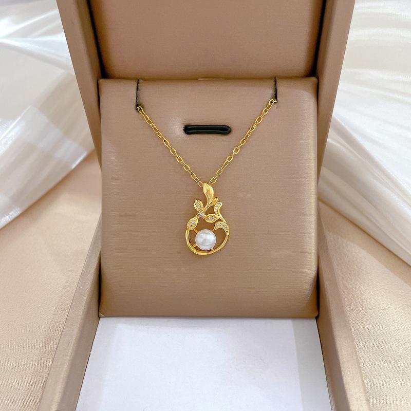 Pearl Leaf Plant Luxury Temperament Full Zirconium Necklace Women'S Fashion Trend Collarbone Chain Factory