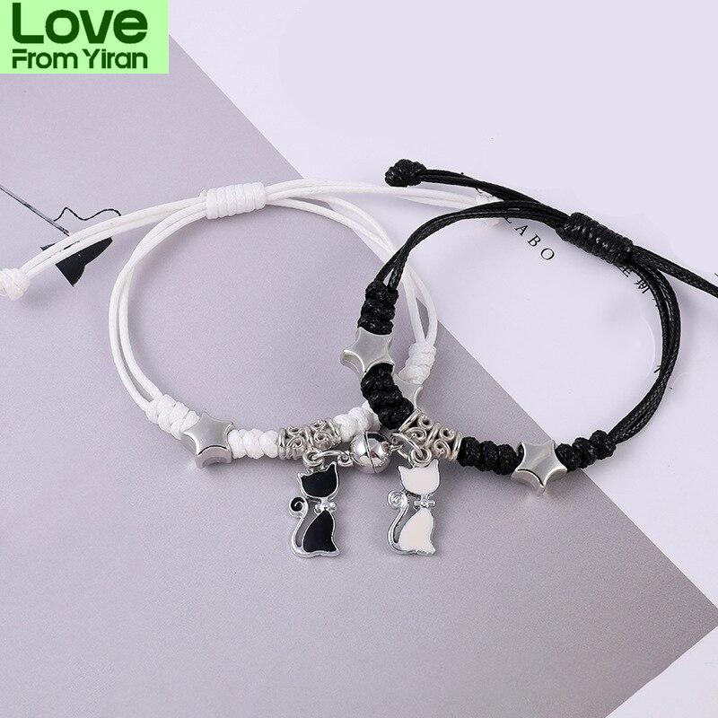 2pcs /Set Couple Charm Bracelet For Women Magnetic Attraction Ball Heart Key Lock Link Wrist Chain Best Friend Jewelry Gift Egirl