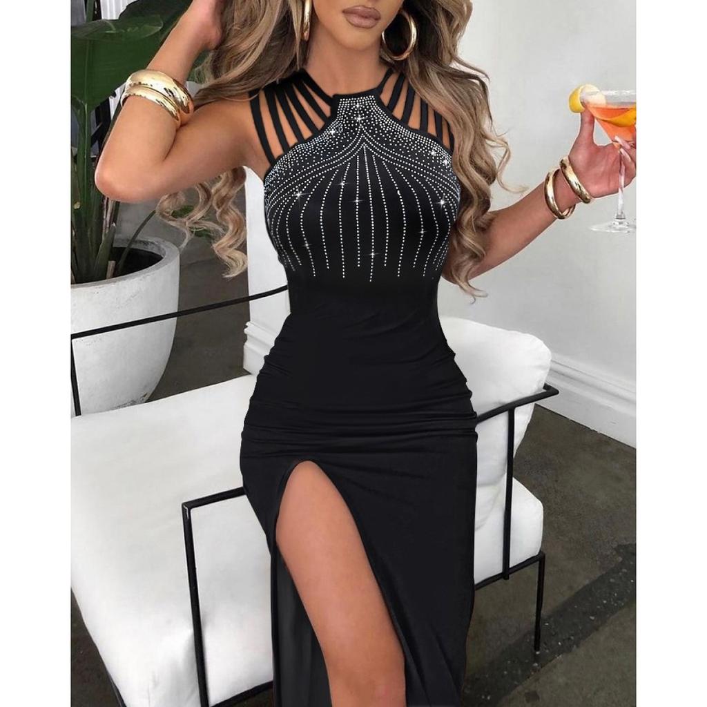Women's Sleeveless Hot Diamond Slit Long Party Dress