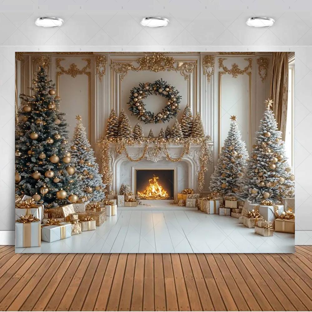 White Christmas Snow Scenery Background Xmas Tree Garland Gifts Photography Backdrop Family Xmas Party Decoration Photo Studio