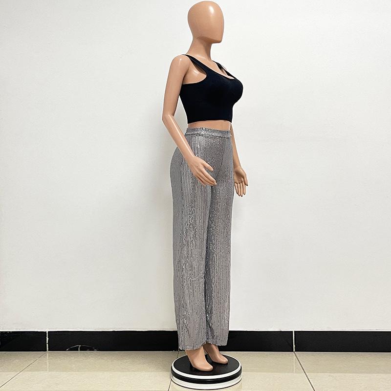 Женские брюки с пайетками с высокой талией и широкими штанинами - Европейская и американская мода