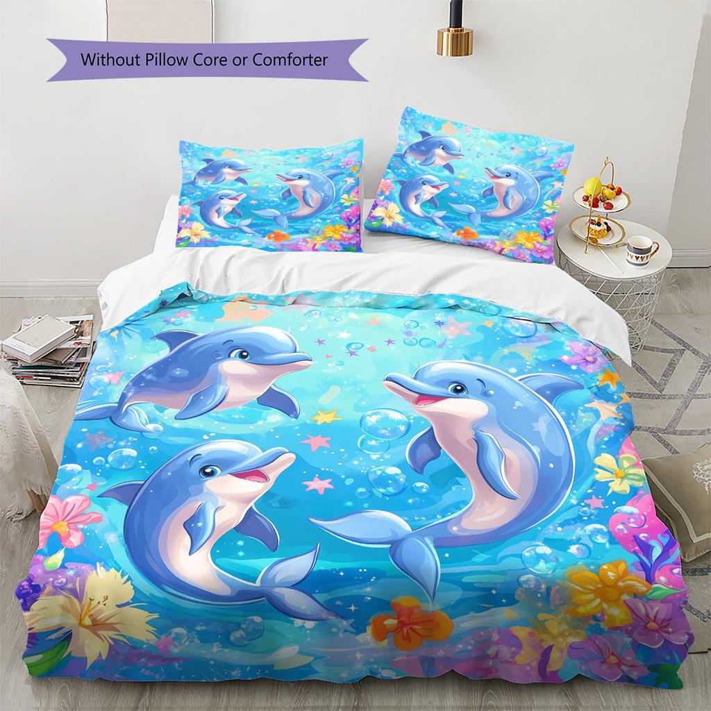 Мультяшная цветная дельфиновая постельное белье Домашний декор Подарок на день рождения (1 пододеяльник + 2 наволочки, без наполнителя)