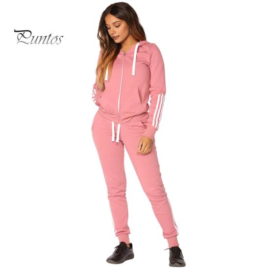 2 Pcs/Set Women Hoodie Pants Suit Hooded Long Sleeves Solid Color Zip-up Coat Elastic High Waist Ankle-banded Trousers Sport Fall Winter Tracksuit