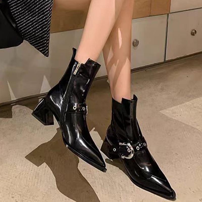 Острый носок женские зимние ботильоны на среднем каблуке сексуальная обувь модные кожаные зимние ботинки челси 2024 тренд массивные туфли-лодочки Botas Mujer
