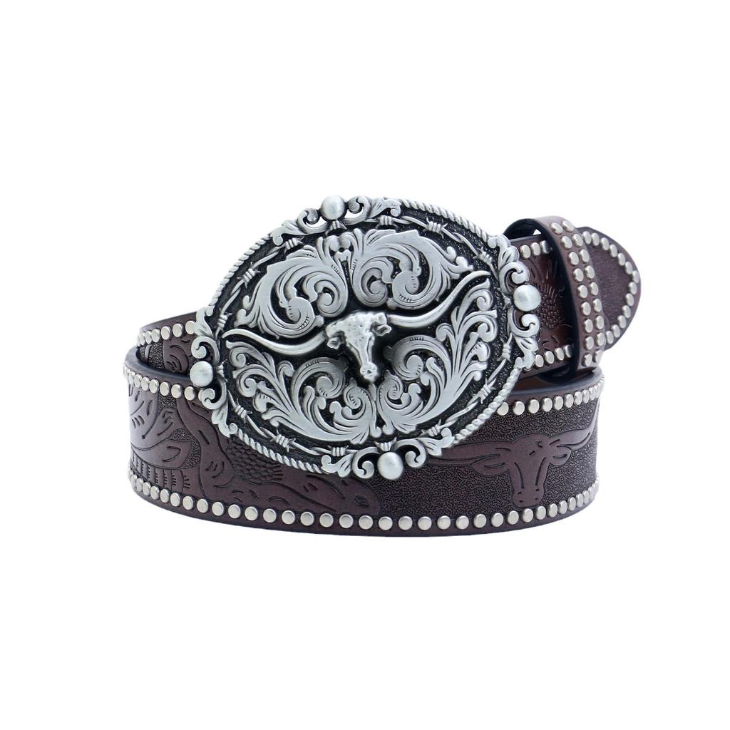 Ремень из джинсовой ткани Western с резной головой быка и винтажными бусинами по краям для мужчин в стиле панк, хип-хоп, искусственная кожа