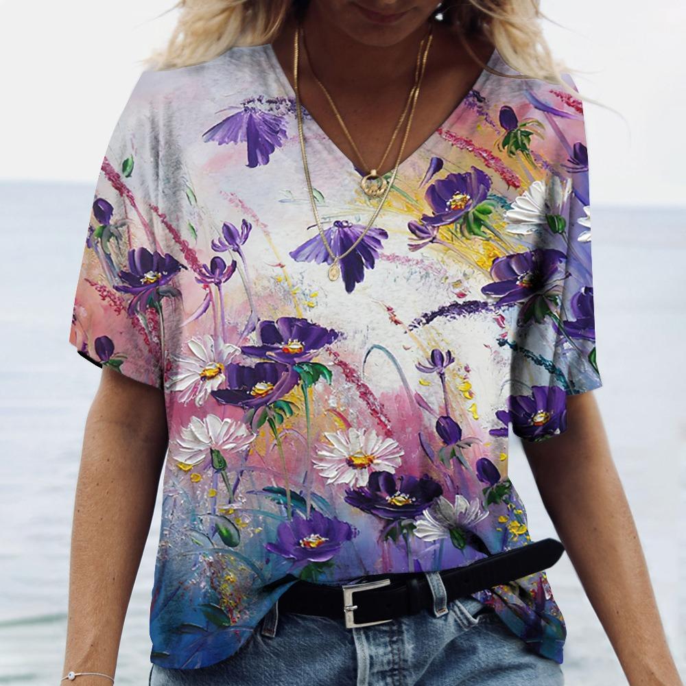 3D Art Print Tops Свободные футболки с коротким рукавом Летняя уличная мода Повседневные свободные женские футболки с V-образным вырезом Женская одежда