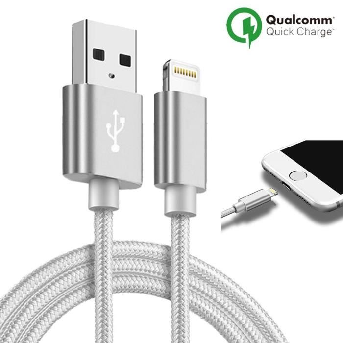 Câble USB - iPhone - 1M - Nylon Argenté - Compatible avec plusieurs modèles - Connecteur USB
