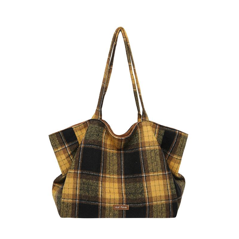 British Style Autumn and Winter Woolen Plaid Double-sided Bag Fresh College Style Shoulder Bag Large Capacity Lazy Style Tote Bag Women