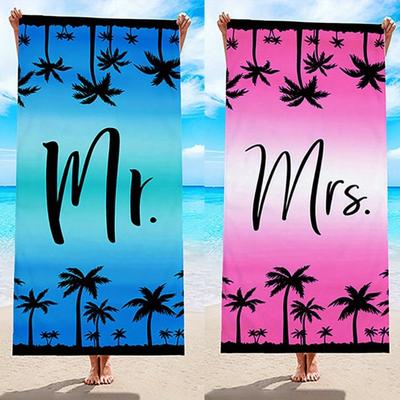 1 шт. Mr & Mrs Пара Пальма Полиэстер Быстросохнущее Пляжное Полотенце, 2D Печать, Всесезонное, Легкое Мягкое, Унисекс для Плавания/