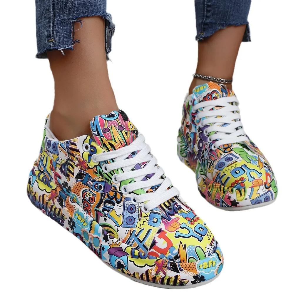 Women Fashion Thick Sole Casual Shoes  New Trendy Graffiti Single Shoes Anti Slip Wear-resistant Soft Sole Flat Sports Shoes