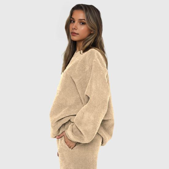 2 шт./комплект женский топ брюки комплект круглый вырез длинный рукав эластичные манжеты толстовка чистый цвет эластичный