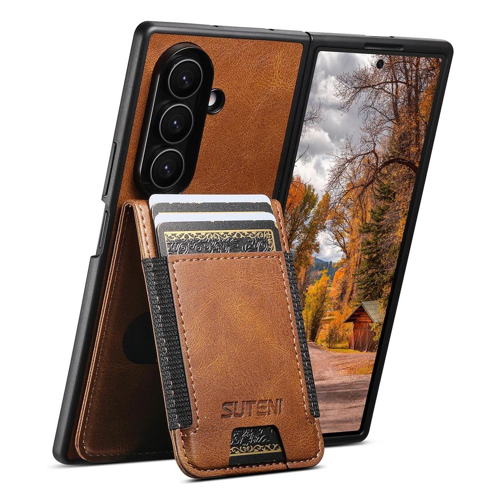 SUTENI Leather Case for Samsung Z Fold 5/6/7: Oil Wax Texture, Card Slot, Elastic Band, Stand Function.