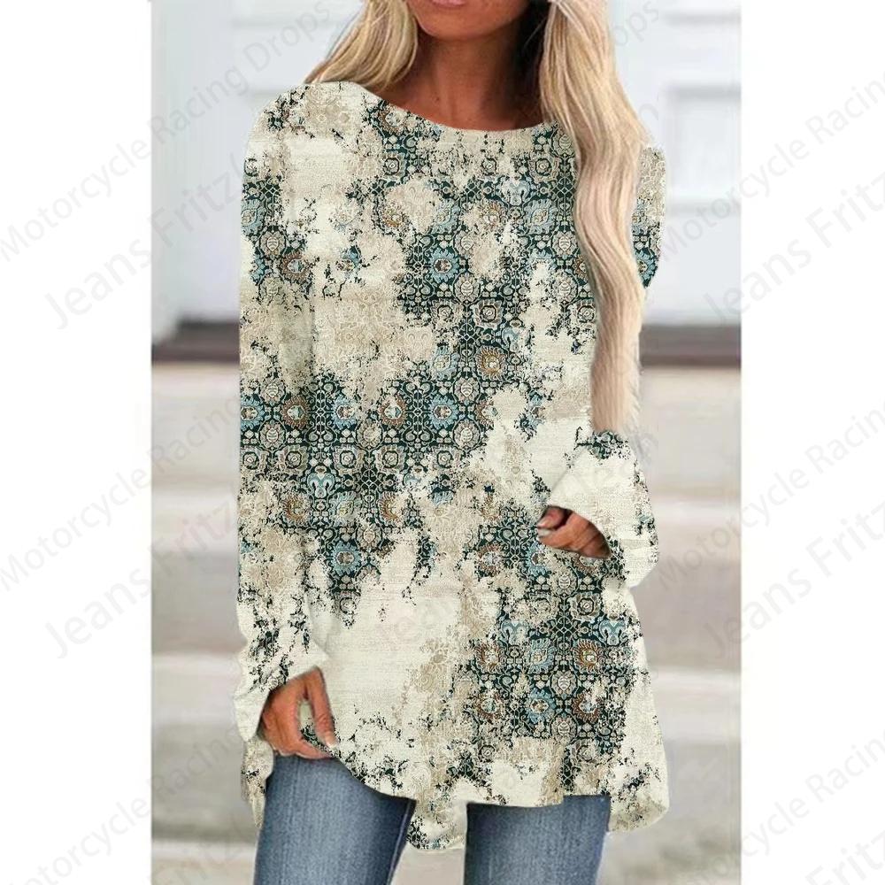Футболки с европейским узором и 3D-принтом, женская модная футболка, туника с длинным рукавом, повседневные длинные топы, футболка с цветочным принтом, женская одежда y2K