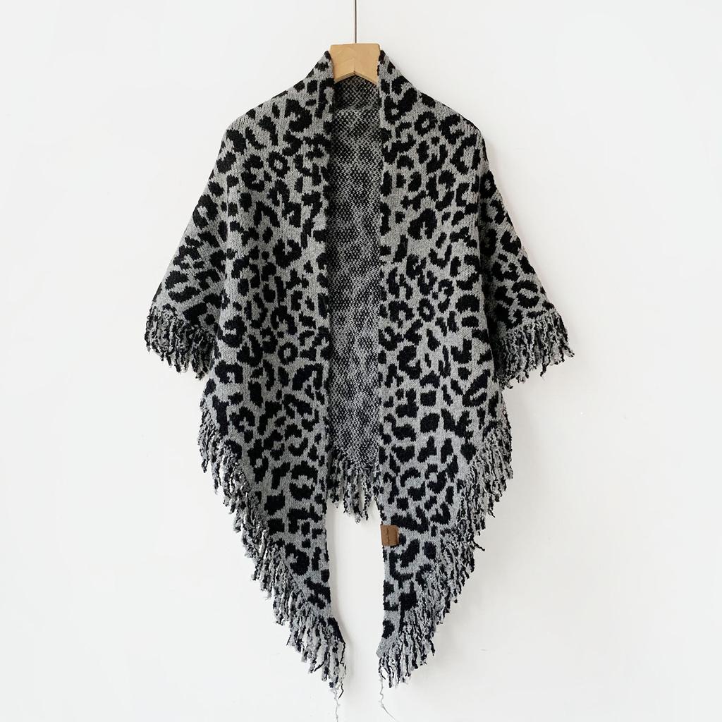 Tassel Knitted Triangular Shawl Leopard Print Autumn And Winter Wool Blended Warm Scarf Premium Neck Cape