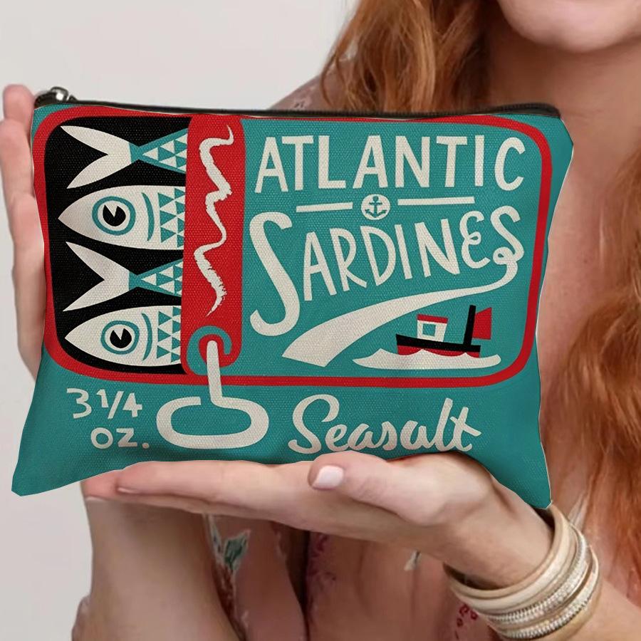 Vintage Sardine Pattern Cosmetic Bag Travel Makeup Organizer for Toiletries & Brushes Portable Zipper Makeup Storage Bags