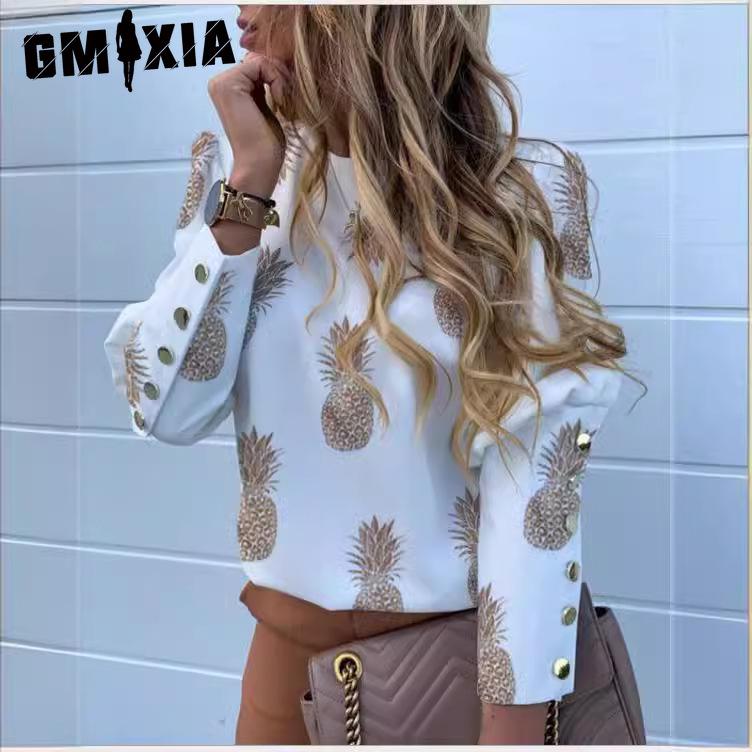 GMXIA Женские модные повседневные весенне-осенние однотонные блузки и рубашки с круглым вырезом и длинными рукавами с принтом