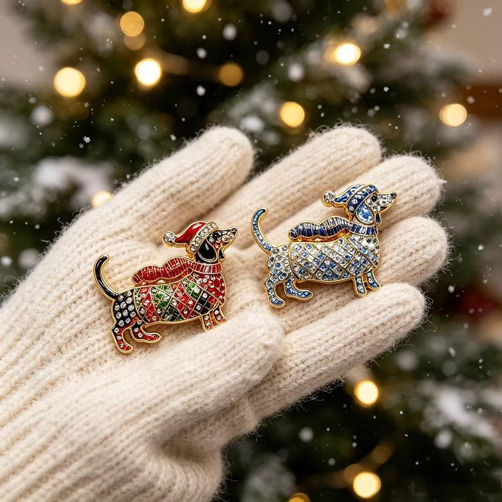Enamel Rhinestone Brooch Dog Christmas Crystal Pins Fashion Xmas Jewelry Party