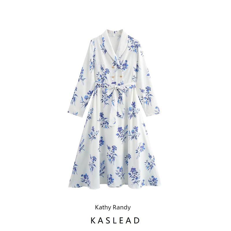 Kaslead New Arrival Women's Clothing Fashion Style Fashion Minimalist Print Gold Double Breasted Lace-up Long Sleeve Dress