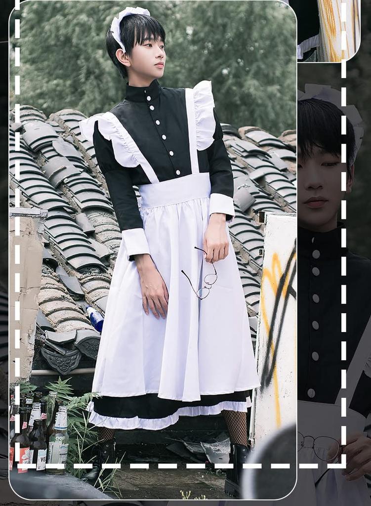 Dress Maid Cosplay Long Sleeve Long Maid Clothes Black [Lady Lazy] Women's Men's (2XL)