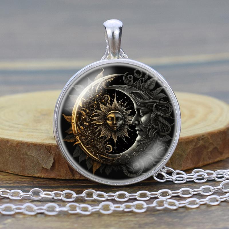 Moon and Sun Glass Cabochon Pendant, Moon and Sun Necklace, Moon Sun Jewelry for Women