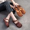 Hollow-out Breathable Weaving Flat Sandals Retro Genuine Leather Comfortable Women's Shoes