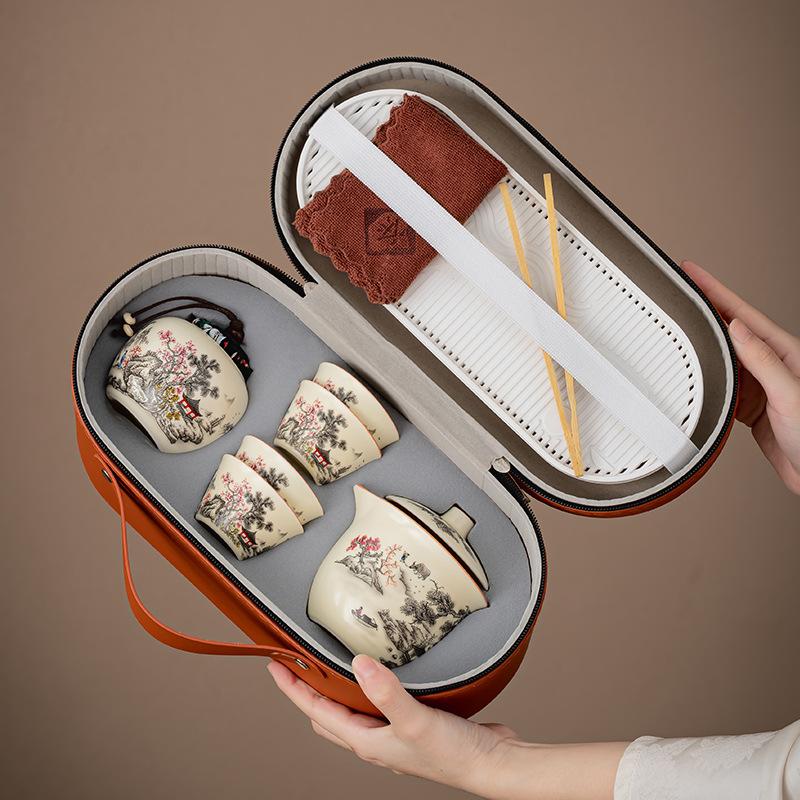 Travel Kung Fu Tea Set Small Set Portable Outdoor Single Camping Tea Drinking Equipment Ceramic Tea Pot Kuaike Cup