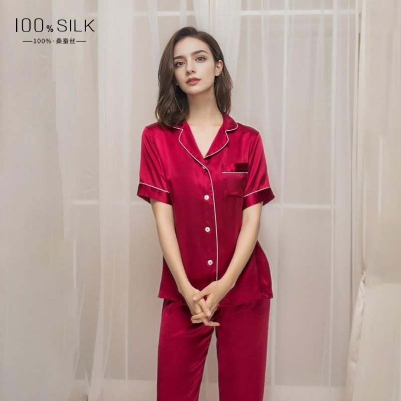 Womens 100% Pure Silk Pajama Set Long Sleeve Pants Lightweight Sleepwear Home Loungewear Fall Winter