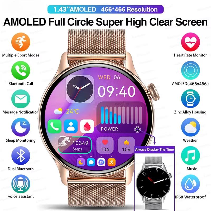 Новые умные часы для женщин AMOLED-экран Всегда отображает время NFC IP68 Водонепроницаемые Спортивные Звонки Женские умные часы Для Huawei Xiaomi Apple