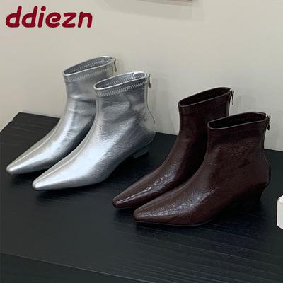 Мода Мода Остроносые Женские Современные Короткие Ботильоны Молнии Женские Низкий Каблук Женские Ботильоны Стрейч На Щиколотке Туфли-Лодочки