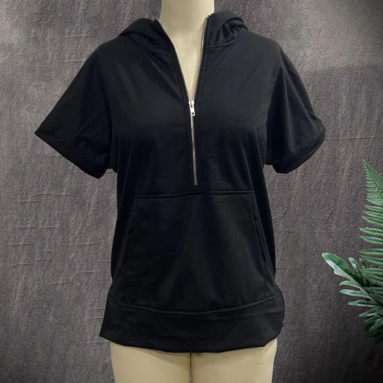 Summer Women Hoodie Half Zipper Short Sleeves Solid Color Pullover Loose with Pocket Casual
