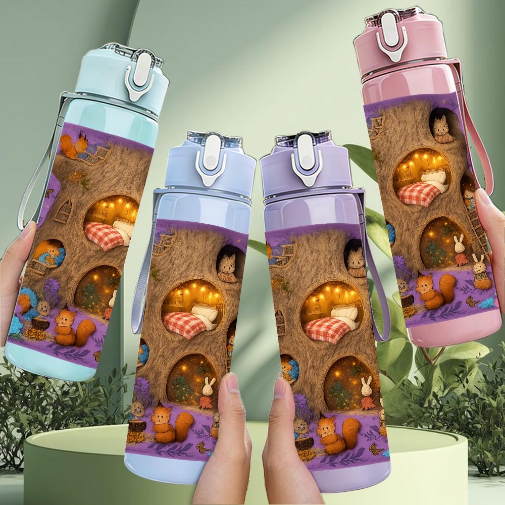 1PC Fairy Girl Mushroom House Art Print 750ml Color Plastic Sports Water Bottle Leakproof Flip Straw Lid Suitable for Sports Office Home Use