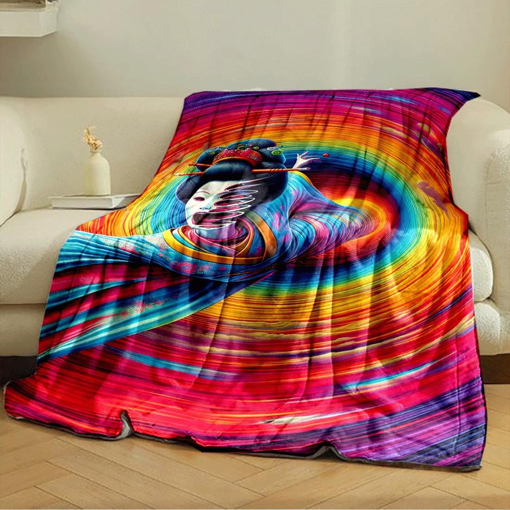 Colorful swirling vortex surrounds figure in vibrant traditional attire. for all seasons blanket lunch break throw gift