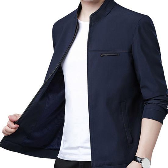 Men Spring Fall Coat Stand Collar Mid-aged Father Jacket Solid Color Long Sleeve Smooth Zipper Closure Warm Business Style Pockets Men Winter Jacket