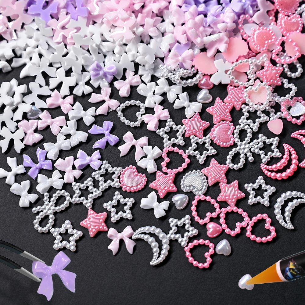 Kawaii Colorful Mixed Resin Rhinestone Nail Art Charms Bowknot Pearls Kit DIY Manicure Decorations Box With Wax Pen Tweezers