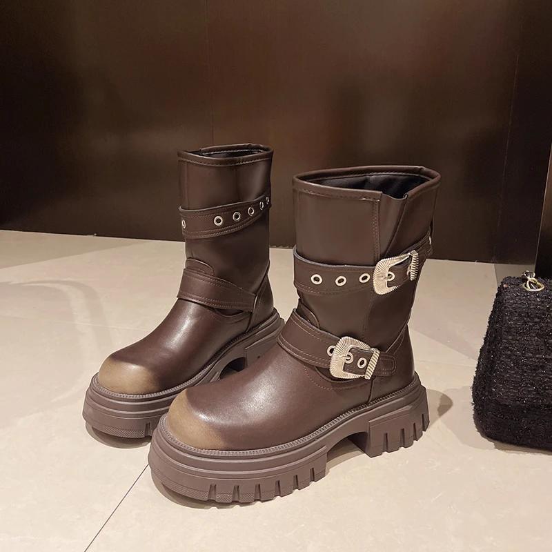 Fashion Platform Heel Women Western Cowgirl Boots Fashion Slip On Belt Buckle Short Boots Autumn Winter Thick Bottom Women's Shoes