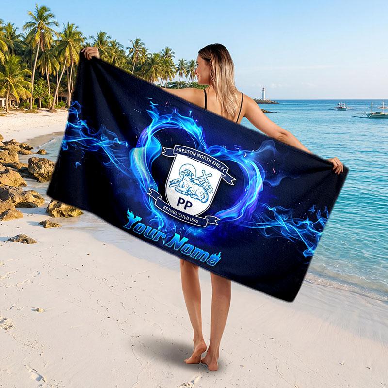 Preston North End Custom Beach Towel, Personalized Name Text Print, Football Logo Soft Quick‑Dry Towel Holiday Gift