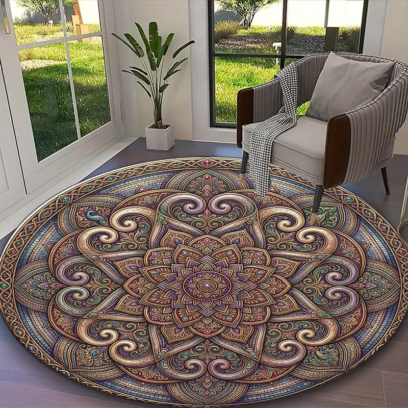 1pc Golden Teal Intricate Mandala Printed Chair Rug for Home Office Use, Living Room Kitchen Game Room Round Carpet