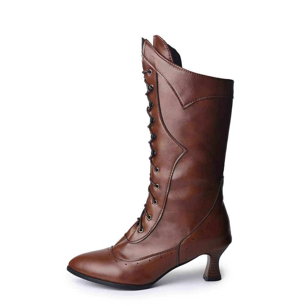 Spring White Brown Mid Calf High Boots for Women Lace up High Heel Small Big Size 33 45