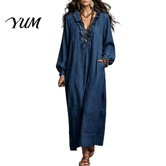 V Neck Dresses Women Ruffle Long Dress, Loose Fit Casual Midi Spring Autumn Dress Solid Color Sleeves for