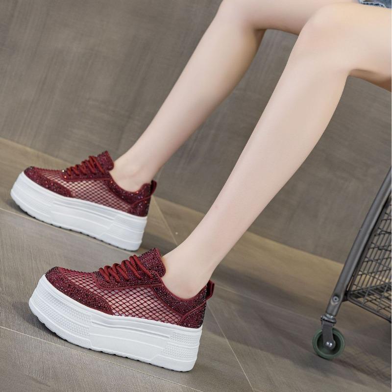 New Mesh Breathable Little White Shoes Women's Thick-soled, Lightweight and Versatile Small Casual Rhinestone Muffin Shoes