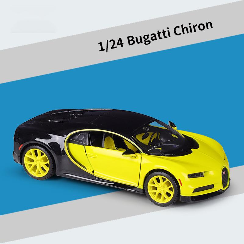 1:24-масштабная модель автомобиля Bugatti Chiron, игрушки для мальчиков, игрушки в возрасте от 3 до 12 лет, транспортные средства с откатным механизмом, музыкальными дверями и открывающимся капотом