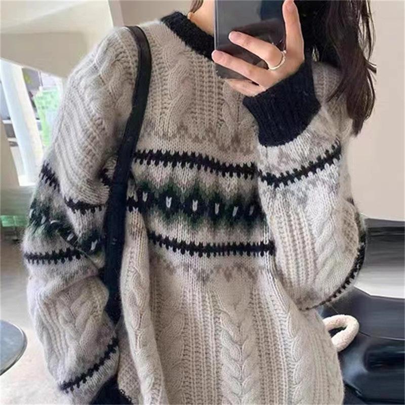 Женский свитер, винтажный контрастный свитер на осень-зиму, новый трикотаж, топ, пуловеры, женская одежда, джемпер