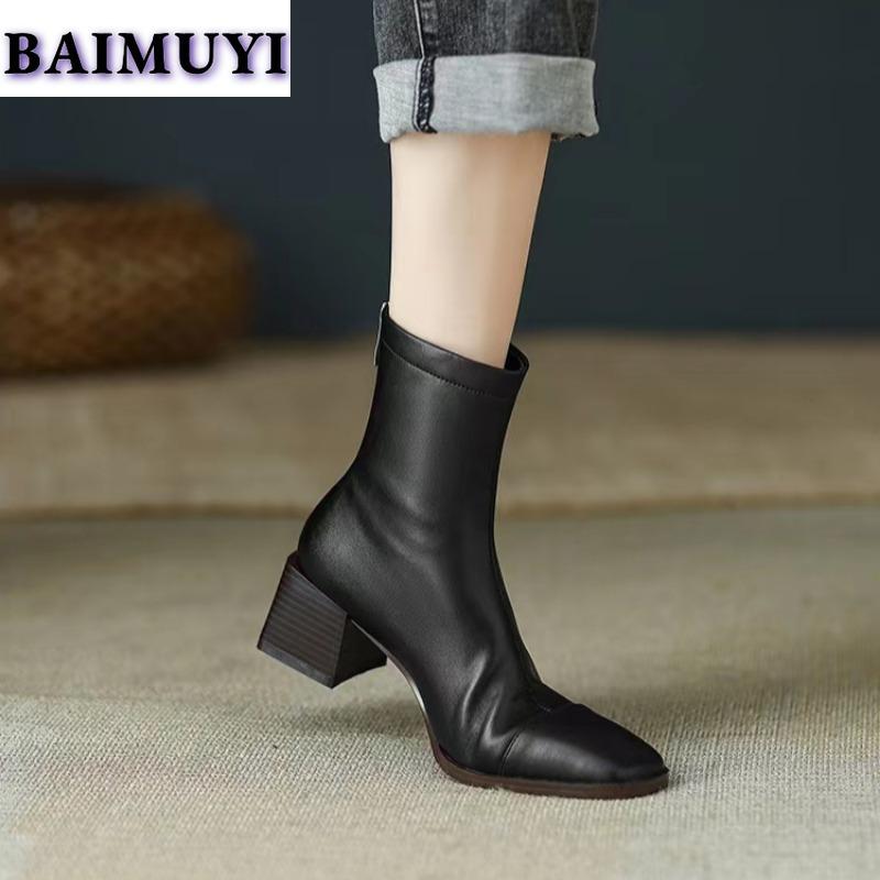 Модные женские ботильоны с квадратным носком на высоком каблуке, меховые зимние ботинки, короткие, плюшевые, 2024, трендовые, челси, ретро, мягкая кожа, осенние, готические, Botas Mujer