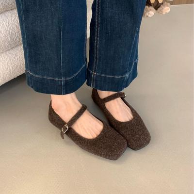 Серые пушистые туфли для женщин, чтобы носить осенью и зимой, новые корейские французские туфли Мэри Джейн, плюшевые теплые шерстяные одинарные туфли на плоской подошве