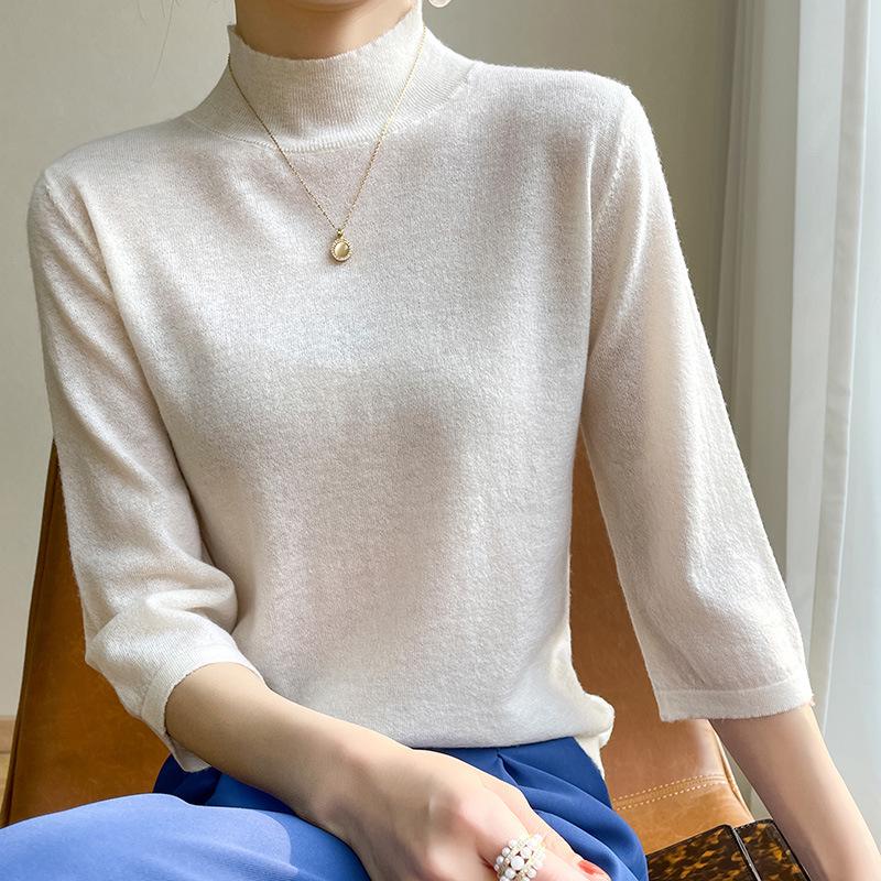 Women's Slim-Fit Half-High Collar Knit Top with Mid-Length Sleeves