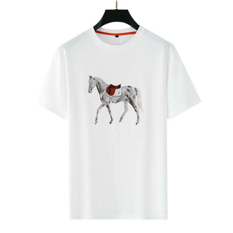 Футболка мужская из шелка Ice Silk с вышивкой European Light Luxury Embroidered Warhorse – с короткими рукавами, дышащая, с круглым вырезом, модный летний стиль