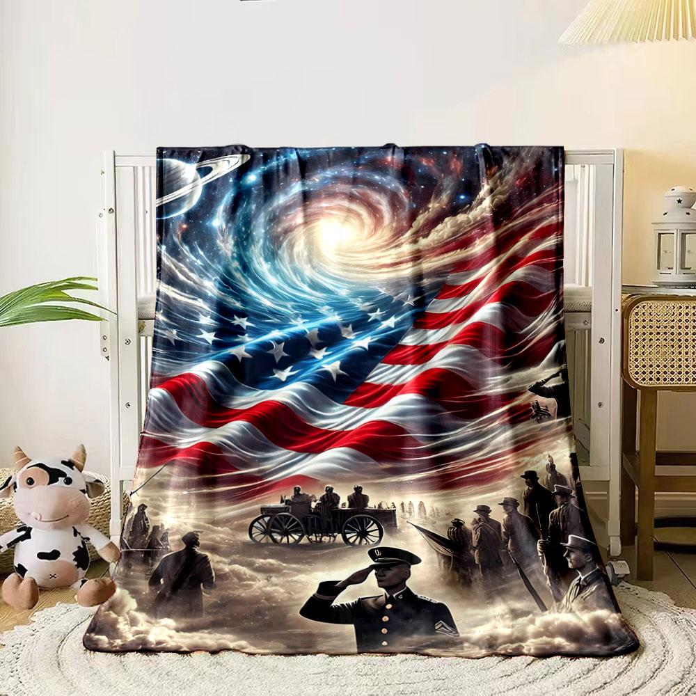 Swirling galaxy blends with an American flag above military figures. for all seasons blanket lunch break throw gift